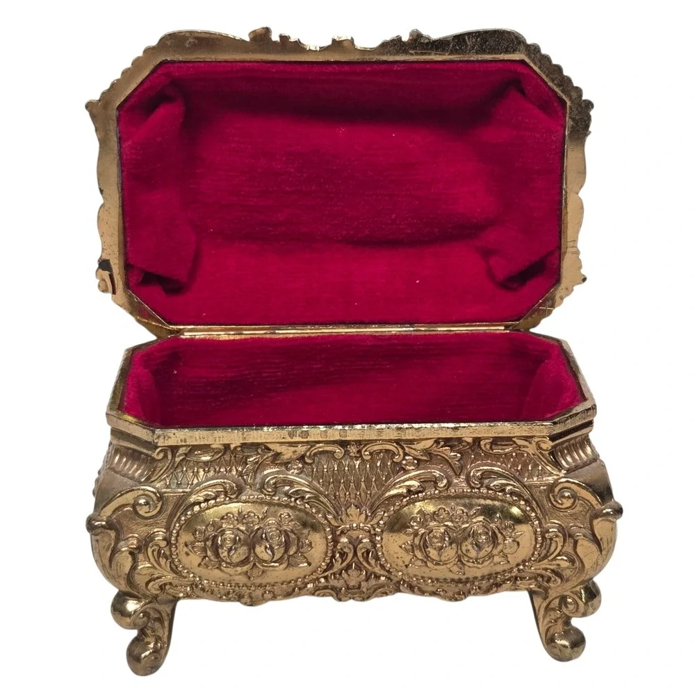 Jewelry Box  Gold Ornate Floral Footed Red Velvet Lining Vintage Heavy vtg